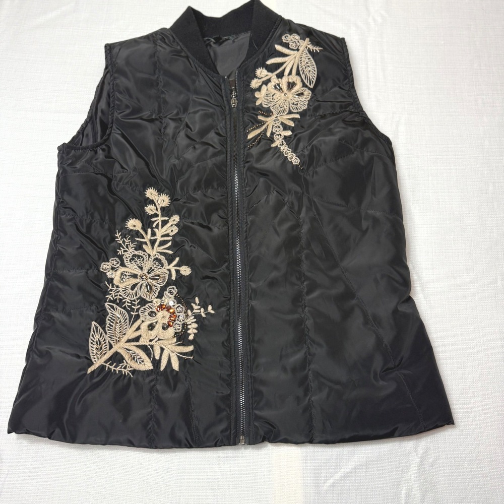 FOR CYNTHIA Black Quilted Puffer Vest Floral Embroidered Beaded Bomber Style L